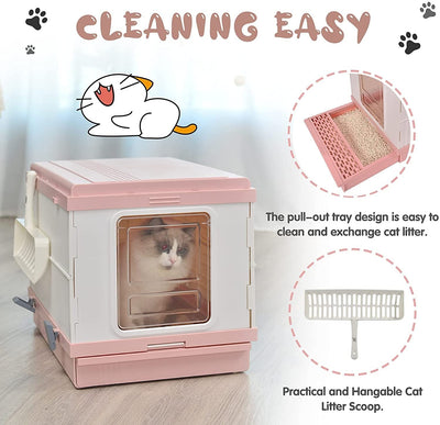 XL Portable Cat Toilet Litter Box Tray Foldable House with Handle and Scoop Pink Payday Deals