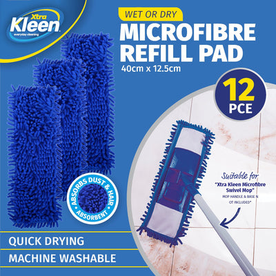 Xtra Kleen 12PCE Microfibre Replacement Mop Pads Machine Washable 12.5 x 40cm Payday Deals