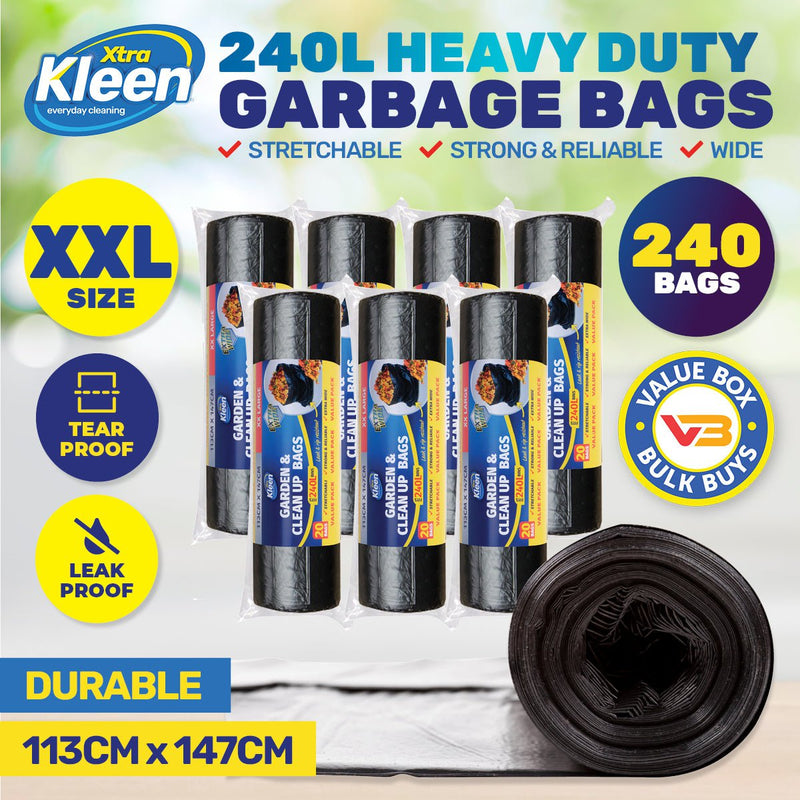 Xtra Kleen 240PCE 240L Garbage Bin Liners XXL Tear & Leak Proof 113 x 147cm Payday Deals