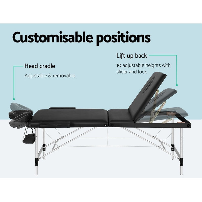 Zenses Massage Table 85cm Portable 3 Fold Aluminium Beauty Bed Black Payday Deals