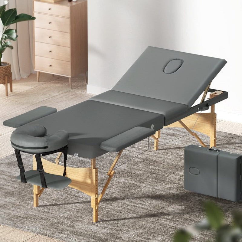 Zenses Massage Table Wooden Bed Portable 3 Fold Beauty Therapy Waxing 75CM Grey Payday Deals