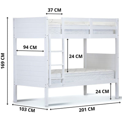 Zinnia Single Bunk Bed Frame Solid Rubber Timber Wood Loft Furniture - White Payday Deals