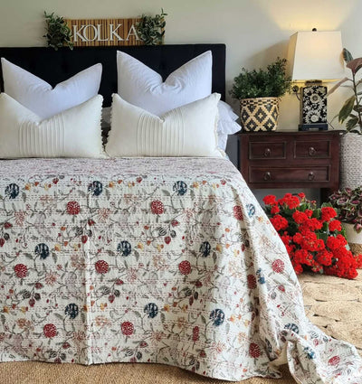 Berries Kantha Bedspread Coverlet - White (King - 228 cm x 274 cm)