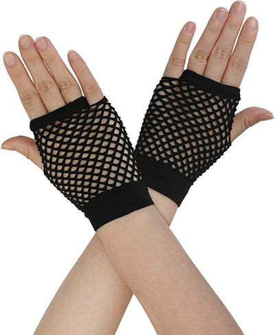 1 Pair Fishnet Gloves Fingerless Wrist Length 70s 80s Costume Party Dance - Black