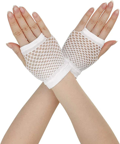 1 Pair Fishnet Gloves Fingerless Wrist Length 70s 80s Costume Party Dance -White