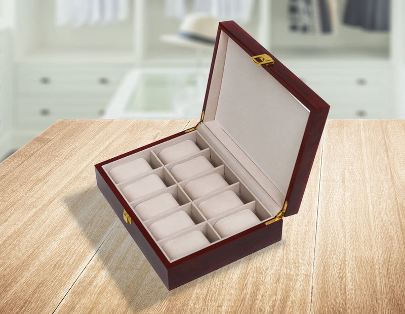 10 Grids Wooden Watch Case Glass Jewellery Storage Holder Box Wood Display Payday Deals