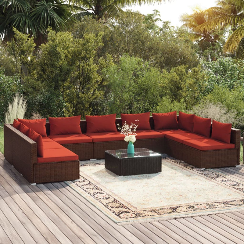 10 Piece Garden Lounge Set with Cushions Poly Rattan Brown Payday Deals