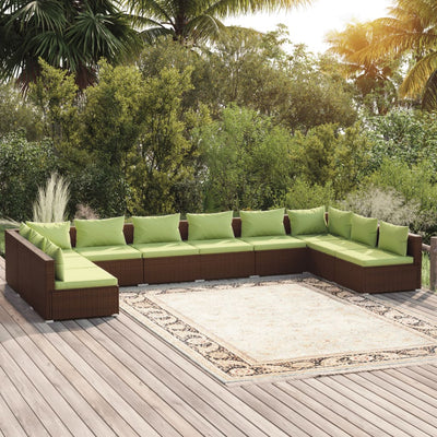 10 Piece Garden Lounge Set with Cushions Poly Rattan Brown