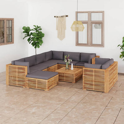 10 Piece Garden Lounge Set with Dark Grey Cushion Solid Teak Wood Payday Deals