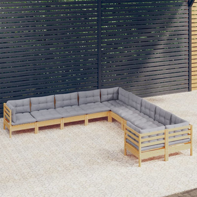 10 Piece Garden Lounge Set with Grey Cushions Pinewood