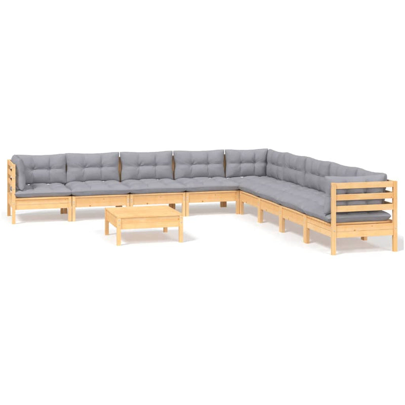 10 Piece Garden Lounge Set with Grey Cushions Solid Pinewood Payday Deals