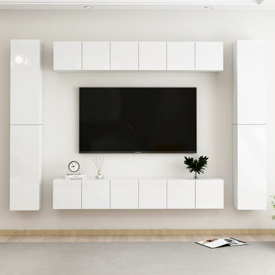 10 Piece TV Cabinet Set High Gloss White Engineered Wood