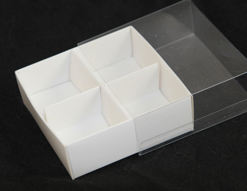 100 Pack of White Card Chocolate Sweet Soap Product Reatail Gift Box - 4 Bay Compartments - Clear Slide On Lid - 8x8x3cm Payday Deals