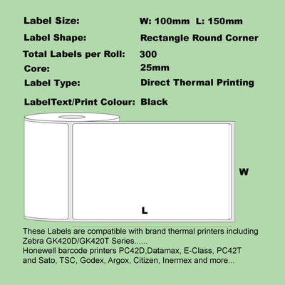 100 Rolls Blumax Direct Thermal (Zebra) 100mm x 150mm 500L White labels