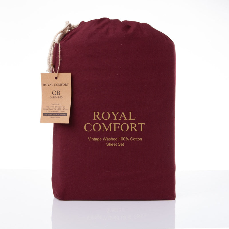 Royal Comfort Vintage Washed 100 % Cotton Sheet Set Single - Mulled Wine - Payday Deals