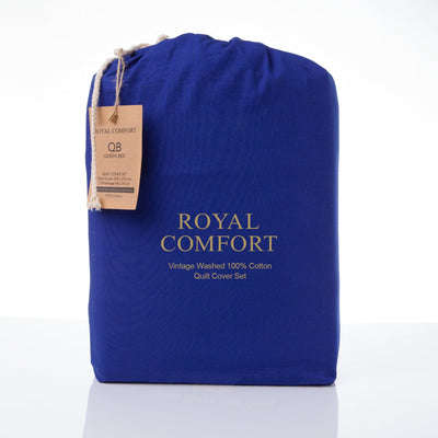 Royal Comfort Vintage Washed 100 % Cotton Quilt Cover Set Double - Royal Blue
