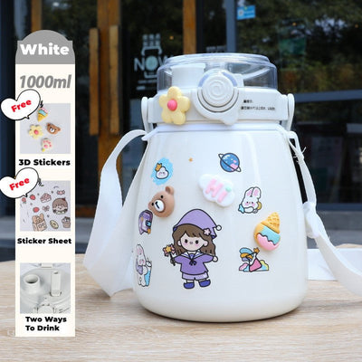 1000ml Large Water Bottle Stainless Steel Straw Water Jug with FREE Sticker Packs (White) Payday Deals