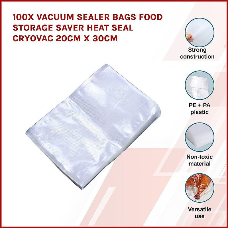 100x Vacuum Sealer Bags Food Storage Saver Heat Seal Cryovac 20cm x 30cm Payday Deals