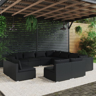 11 Piece Garden Lounge Set with Cushions Black Poly Rattan Payday Deals