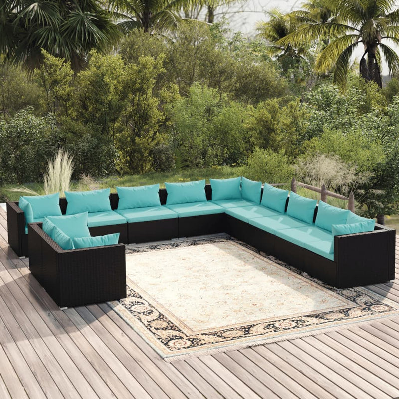 11 Piece Garden Lounge Set with Cushions Black Poly Rattan Payday Deals