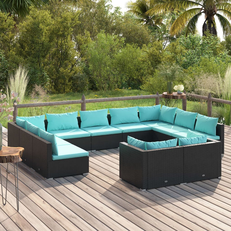 11 Piece Garden Lounge Set with Cushions Black Poly Rattan Payday Deals