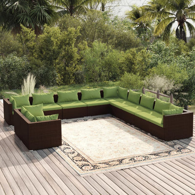 11 Piece Garden Lounge Set with Cushions Brown Poly Rattan