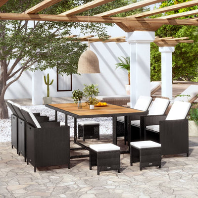 11 Piece Outdoor Dining Set Poly Rattan and Acacia Wood Black Payday Deals