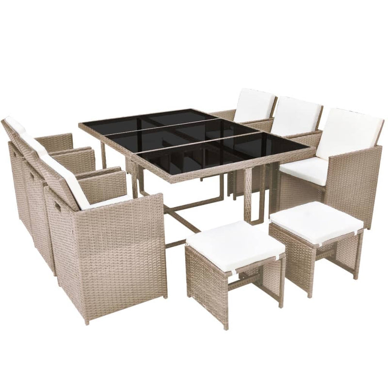 11 Piece Outdoor Dining Set with Cushions Poly Rattan Beige Payday Deals