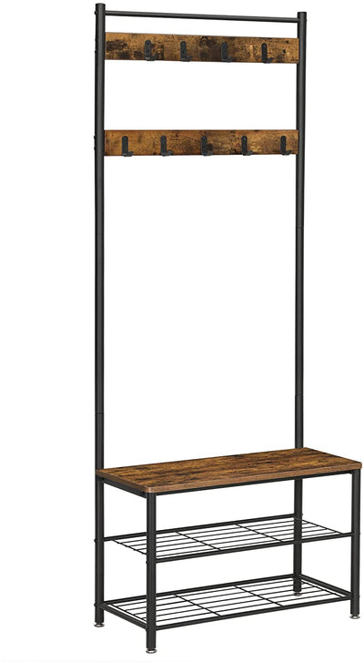Rustic Brown Coat Rack Stand with Hallway Shoe Rack and Bench with Shelves, Matte Metal Frame, Height 175 cm