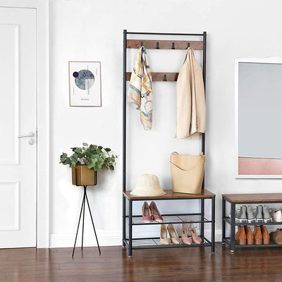 Rustic Brown Coat Rack Stand with Hallway Shoe Rack and Bench with Shelves, Matte Metal Frame, Height 175 cm