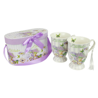 Lulu Grace Novelty Tea Cup Coffee Mug Duo Gift Set Lavender Green Pattern