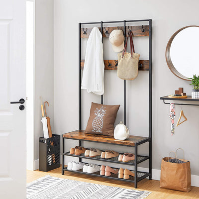 Large Coat Rack Stand with 12 Hooks and Shoe Bench, Rustic Brown and Black