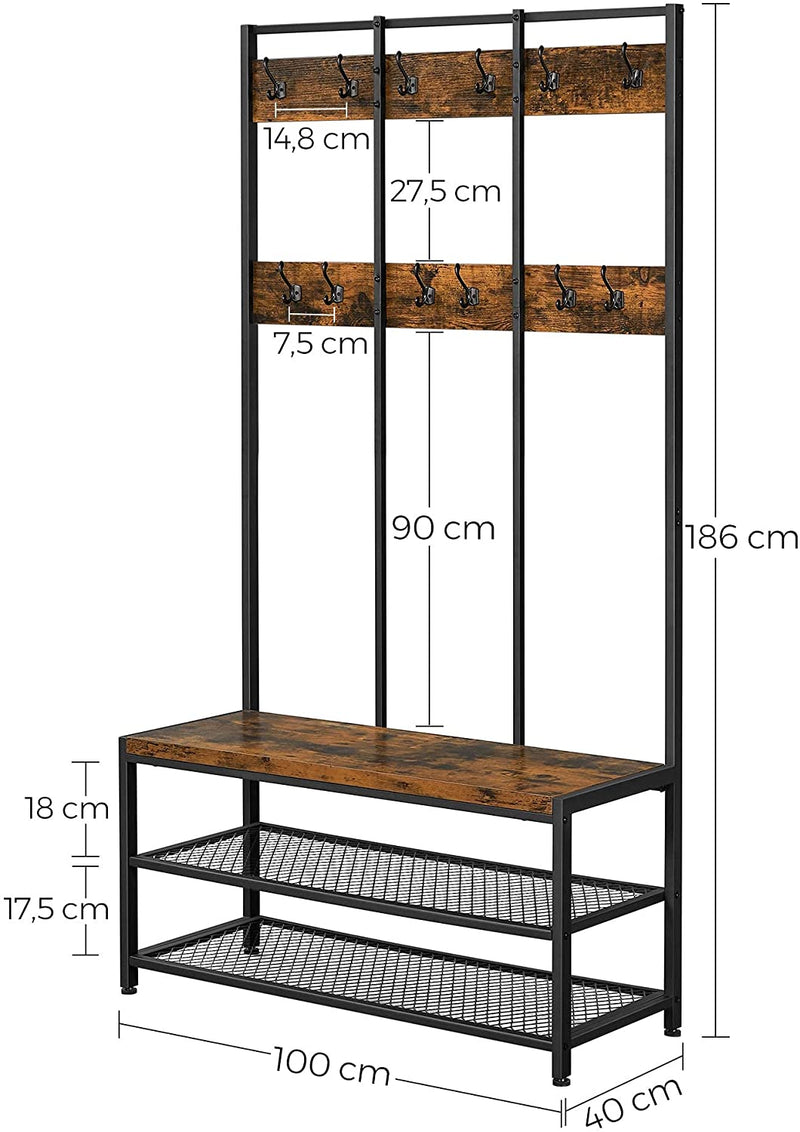 Large Coat Rack Stand with 12 Hooks and Shoe Bench, Rustic Brown and Black