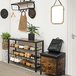 Shoe Rack with 3 Mesh Shelves, Rustic Brown and Black