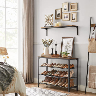 Shoe Rack with 3 Mesh Shelves, Rustic Brown and Black