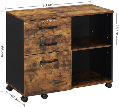 3-Drawer File Cabinet with Open Compartments for A4, Rustic Brown and Black