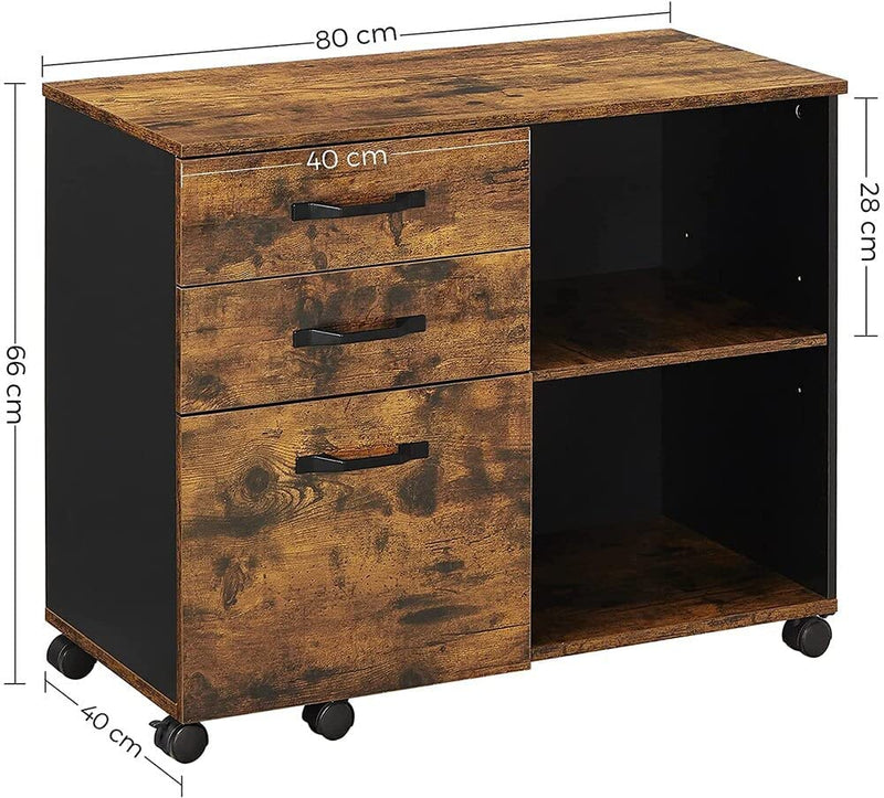 3-Drawer File Cabinet with Open Compartments for A4, Rustic Brown and Black