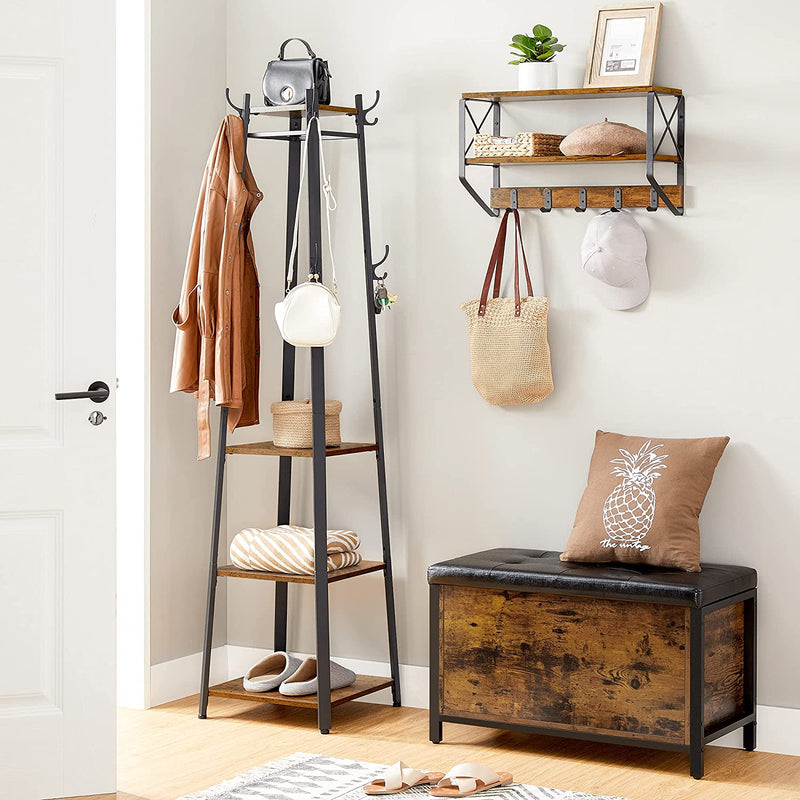 Coat Rack with 3 Shelves with Hooks , Rustic Brown and Black