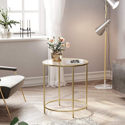 Gold Round Side Table with Golden Metal Frame, Robust and Stable
