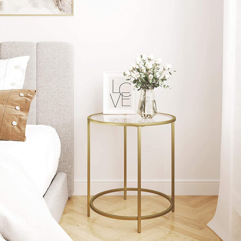 Gold Round Side Table with Golden Metal Frame, Robust and Stable
