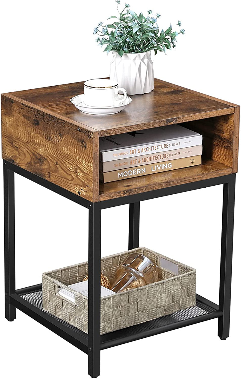Side Table with Open Compartment and Mesh Shelf, Rustic Brown and Black