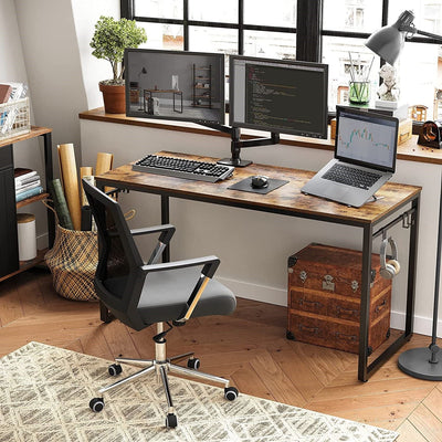 Home Office Desk with 8 Hooks, 140 x 60 x 75 cm,  Rustic Brown and Black