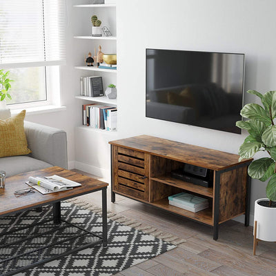 TV Cabinet for up to 127cm TVs with Louvred Door, 2 Shelves for Living Room and Bedroom, Rustic Brown and Black