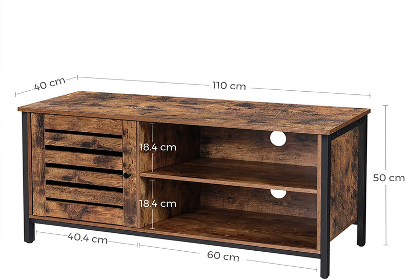 TV Cabinet for up to 127cm TVs with Louvred Door, 2 Shelves for Living Room and Bedroom, Rustic Brown and Black