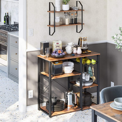 Kitchen Shelf with Steel Frame, Wire Basket and 6 Hooks,  Rustic Brown and Black