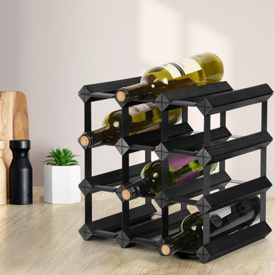 Artiss 12 Bottle Timber Wine Rack Wooden Storage Wall Racks Holders Cellar Black Payday Deals