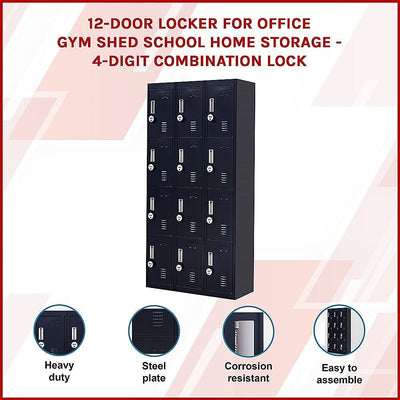 12-Door Locker for Office Gym Shed School Home Storage - 4-Digit Combination Lock Payday Deals