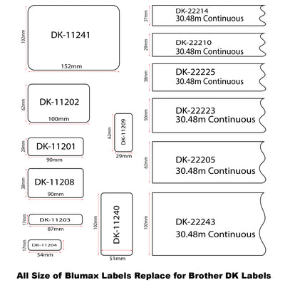 12 Pack Blumax Alternative White labels for Brother DK-22205 62mm x 30.48m Continuous Length