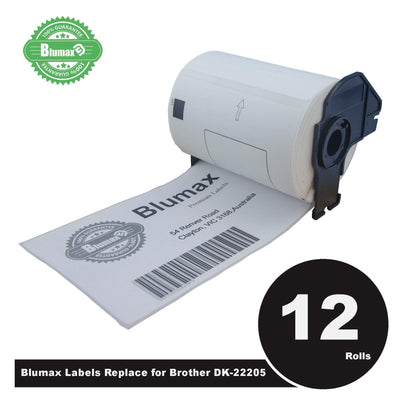 12 Pack Blumax Alternative White labels for Brother DK-22205 62mm x 30.48m Continuous Length