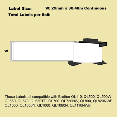 12 Pack Blumax Alternative White labels for Brother DK-22210 29mm x 30.48m Continuous Length